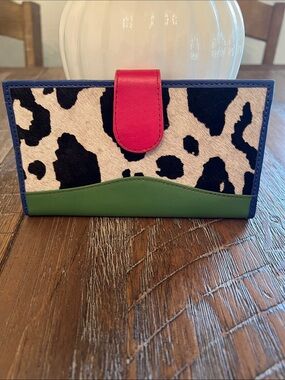 Cowhide Print Trifold Wallet with Green and Pink Accents